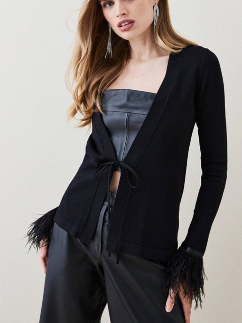 Karen Millen Black Feather Cuff Skinny Knit Cardigan Sweater Small